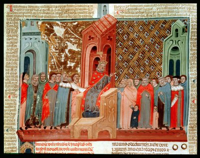 Keizer Justinianus (483-565) en zijn hof, uit Justinianus Istitutiones door Italian School