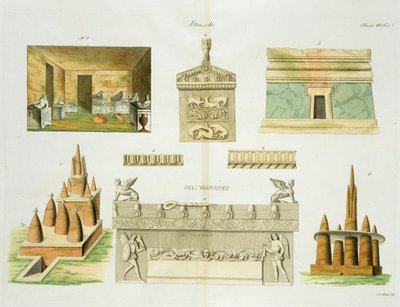Etruskische sarcofagen en grafkamers, plaat 7, klasse 6 uit Deel I van De geschiedenis van de naties, gegraveerd door A. Nani door Italian School