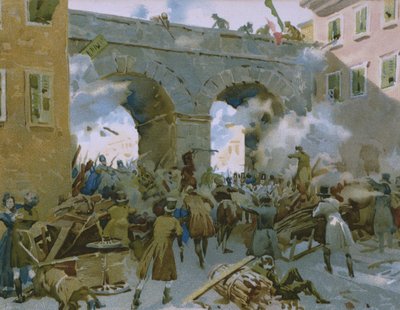 Gebeurtenissen van 18 tot 22 maart 1848, Milanezen verdrijven Oostenrijkers, illustratie uit een album over de geschiedenis van Risorgimento gemaakt voor de chocolade Talmone, eind 19e eeuw door Italian School