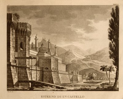 Exterieur van een kasteel, decorontwerp voor Act I van 