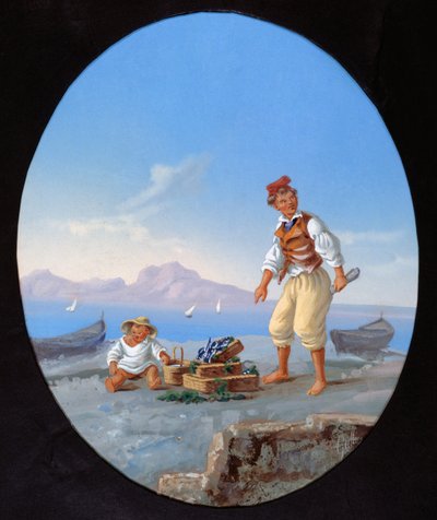 Visser op het strand, met eiland Capri op de achtergrond door Italian School