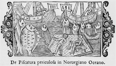 Vissen in de Noorse Oceaan, illustratie uit Historia de Gentibus Septentrionalibus door Olaus Magnus, uitgegeven Rome, 1555 door Italian School