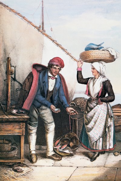 Visverkoper en boer, illustratie uit Kostuums van Istrië, Italië door Italian School