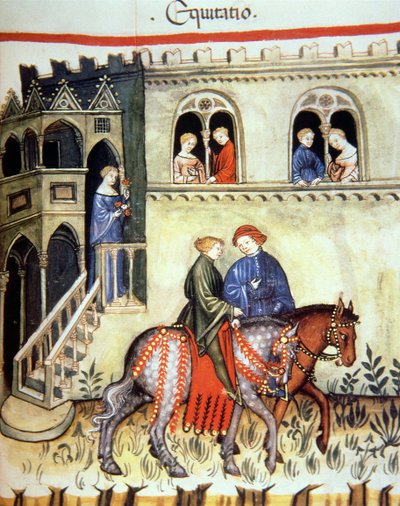 Paardrijden, illustratie uit Tacuinum Sanitatis Codex Vindobonensis door Italian School