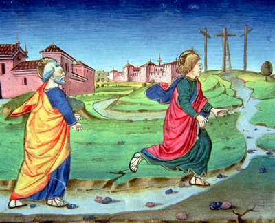 Fol.129vb Maria Magdalena brengt het nieuws van de opstanding aan Simon Petrus door Italian School