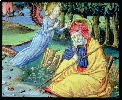 Fol.37v Een engel vertelt Jozef dat Maria zwanger is door Italian School