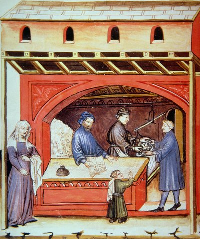 Zout verkopen, illustratie uit Tacuinum Sanitatis Codex Vindobonensis door Italian School