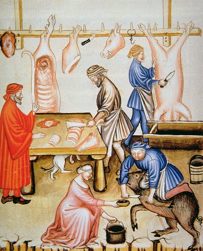 De slagers: Varkensvlees, illustratie uit Tacuinum Sanitatis Codex Vindobonensis door Italian School