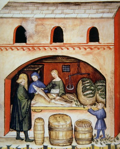 Gezouten vis, illustratie uit Tacuinum Sanitatis Codex Vindobonensis door Italian School