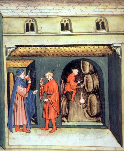 Oude fruitwijn, illustratie uit Tacuinum Sanitatis Codex Vindobonensis door Italian School