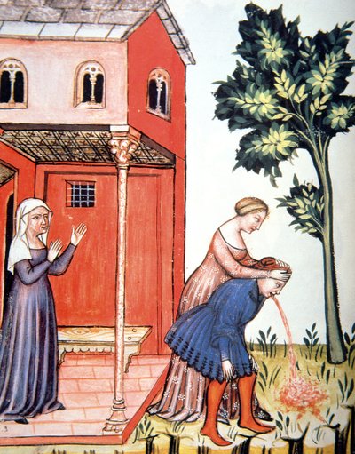 Overgeven, illustratie uit Tacuinum Sanitatis Codex Vindobonensis door Italian School
