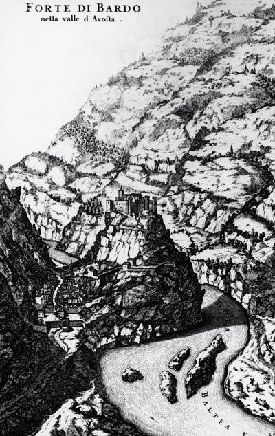 Fort Bard, gravure uit Theatrum Sabaudiae door Italian School