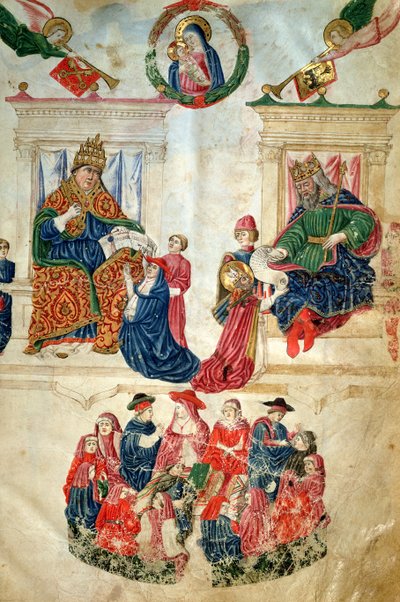 Oprichting van de Universiteit van Bologna door Keizer Theodosius II (408-450) en de privileges verleend door Paus Paulus II (1417-71) door Italian School