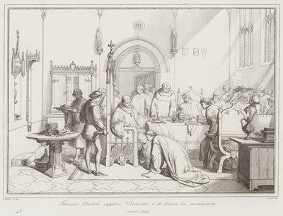 Francesco Dandolo smeekt Clemens V om de excommunicatie op te heffen door Italian School