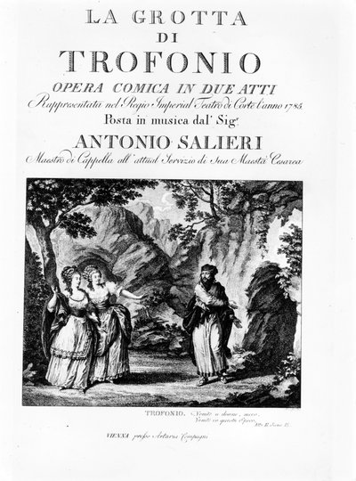 Frontispice van het libretto van La Grotta di Trofonio, komische opera in 2 aktes door Antonio Salieri (1750 - 1825). 1785 door Italian School