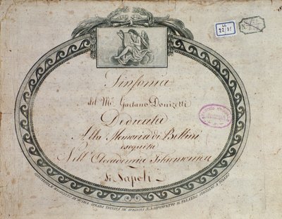 Frontispice detail van "Sinfonia in mi bemolle maggiore: dedicata alla memoria di Bellini" door Gaetano Donizetti (1797-1848) door Italian School