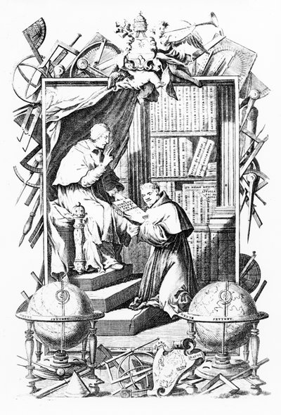 Frontispice voor Biblioteca Universale Sacro-Profana, Vol. 1 door Vincenzo Coronelli, print gemaakt door Alessandro dalla Via, gepubliceerd 1701 door Italian School