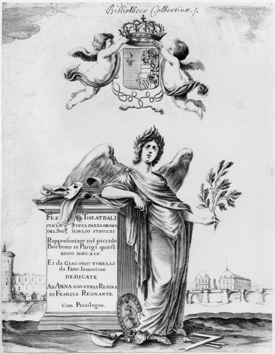 Frontispice voor de Feste theatrali per la Finta Pazza uitgevoerd in 1645 in Theatre Petit Bourbon in Parijs door Italian School