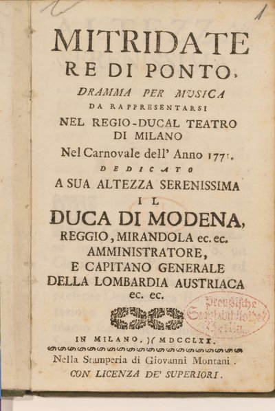 Frontispice van een vroege kopie van Mitridate, re di Ponte, een opera van Wolfgang Amadeus Mozart, 1770 door Italian School