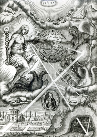 Frontispice van Ars Magna Lucis et Umbrae, door Athanasius Kircher (1601-80) Rome, 1646 door Italian School
