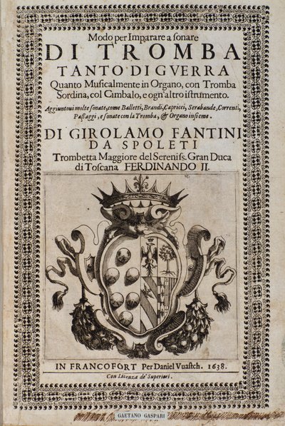 Frontispice van Modo per imparare a sonare di tromba methode om trompet te leren spelen door Girolamo Fantini (1600-1675). door Italian School