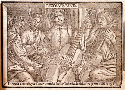 Frontispice van Regola Rubertina verhandeling over viola da gamba door Silvestro Ganassi dal Fontego. door Italian School