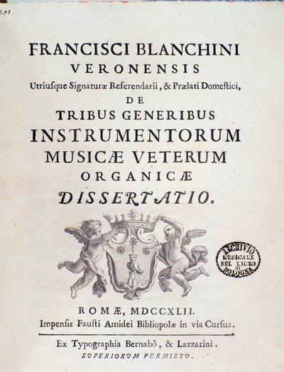 Frontispice van "de Tribus Generibus Instrumentorum Musicae Veterum" werk over oude muziekinstrumenten door Francesco Bianchini door Italian School