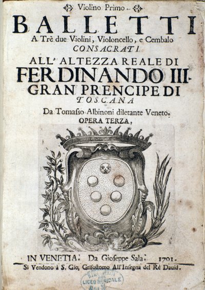 Frontispice van de partituur van Balletti a tre, opera III door Tomaso Albinoni (1671-1750). door Italian School