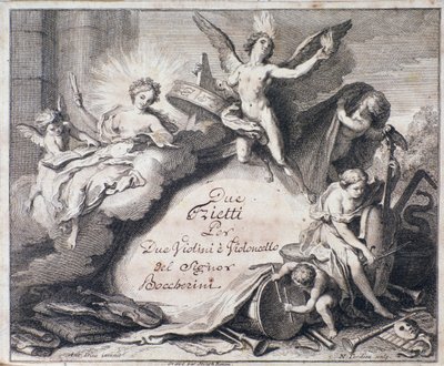 Frontispice van de partituur van Due trietti per due violini e violoncello door Luigi Boccherini. door Italian School