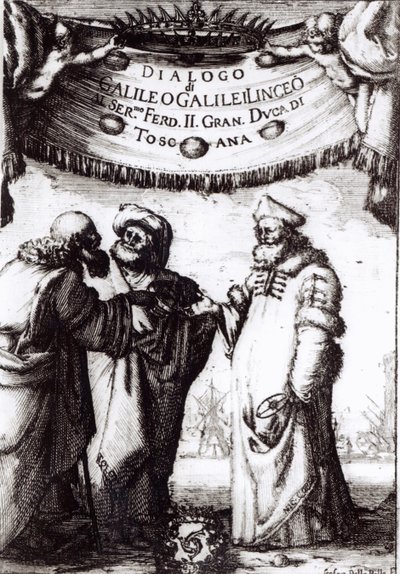 Frontispice van Dialogo sopra i due massimi sistemi del mondo door Galileo, gepubliceerd in 1632 door Italian School