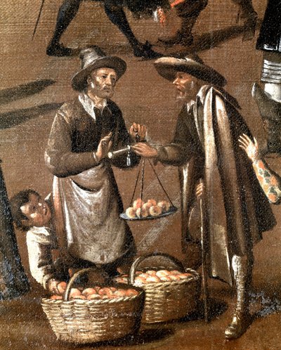 Fruitenverkoper en kleine dief (detail) door Italian School