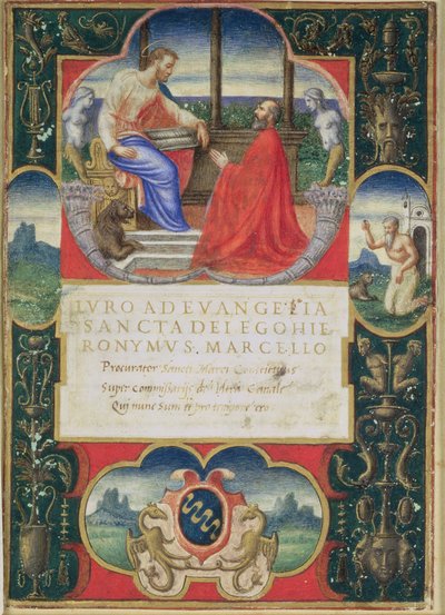 G. Marcello knielt voor St. Marco en St. Jerome en het wapen van de familie Marcello, 1537 door Italian School