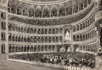 Gala-avond in Costanzo theater ter ere van de kroonprins van Duitsland (toekomstige Frederik III), Rome, Italië, gravure naar tekening van Dante Paolocci, uit L