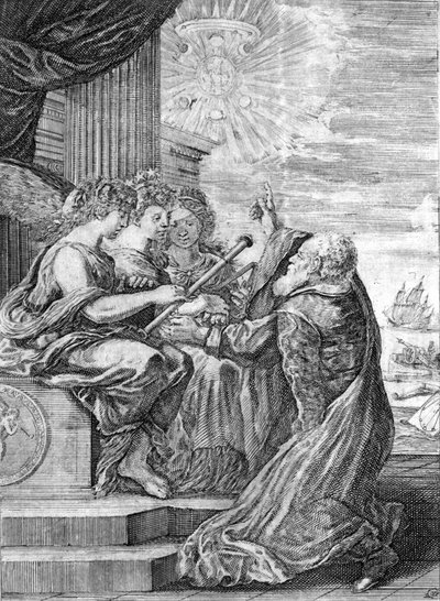 Galileo, astronoom (1564 - 1642) presenteert de telescoop aan de drie gratiën. Met zijn rechterhand wijst hij naar de planeet Jupiter met zijn satellieten die hij zelf ontdekte en opdroeg aan de Medici-familie. Frontispice van 