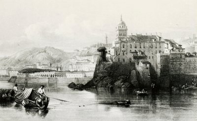 Genua marina muur met Villa Doria Pamphili op de achtergrond, gravure, ca. 1850, Italië door Italian School