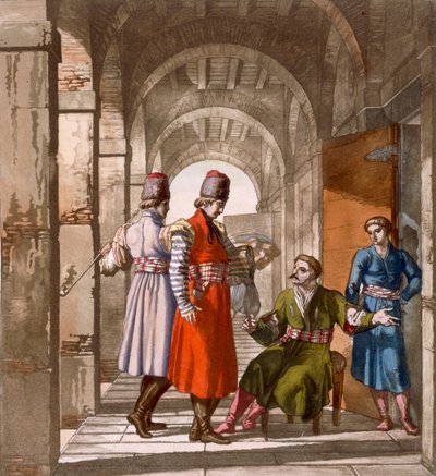 Georgische mannen die praten en roken in een arcade, ca. 1820-30 door Italian School