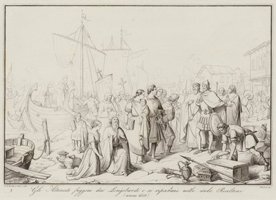 De Altinati vluchten voor de Longobarden en schuilen op de eilanden Realtine, 639 (gravure) door Italian School
