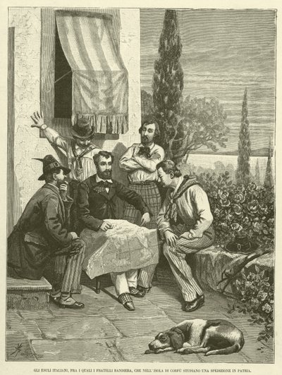 De Italiaanse ballingen, waaronder de gebroeders Bandiera, die op het eiland Corfu een expeditie naar hun vaderland bestuderen (gravure) door Italian School