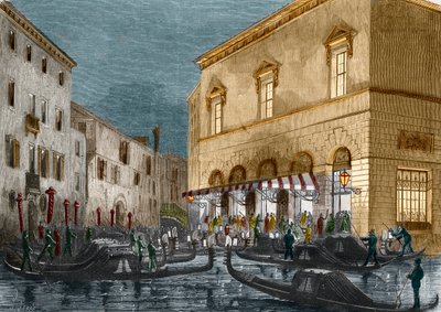 Gondeliers wachten op toeschouwers buiten het Teatro La Fenice, Venetië, Italië, uit Le Monde Illustré nr. 564, 1868 door Italian School