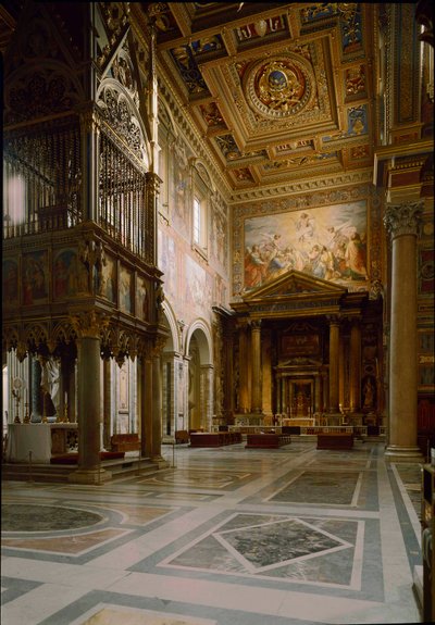 Gotische kunst: uitzicht op het pauselijke altaar boven het Tabernakel gemaakt door Giovanni di Stefano rond 1367, versierd met twaalf panelen beschilderd door Barna da Siena. 1367-1368. Basiliek van St. Jan van Lateranen door Italian School
