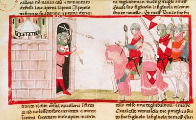 Guelfen blokkeren Ghibellijnen om de stad opnieuw binnen te komen, miniatuur uit de Cronica door Giovanni Villani, manuscript, Italië 14e eeuw door Italian School