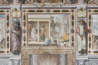 Zaal van de Dierenriem: Goden straffen mannen en mannelijke figuren die de maanden van het jaar vertegenwoordigen (fresco) (detail) door Italian School