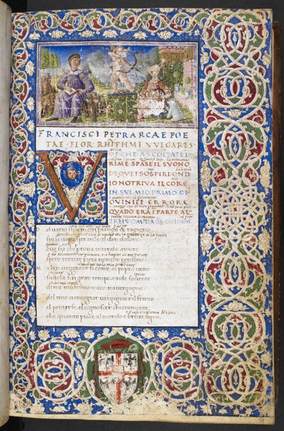 Miniatuur van Petrarca en Laura, met Amor die zijn pijl op Laura richt, uit 