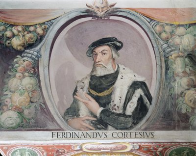 Hernan Cortés, in de Sala del Mappamondo door Italian School