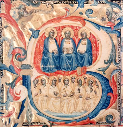 Geïllustreerde initiaal B met de Drie-eenheid en Christus omringd door engelen, Bolognese School, c.1340-50 door Italian School