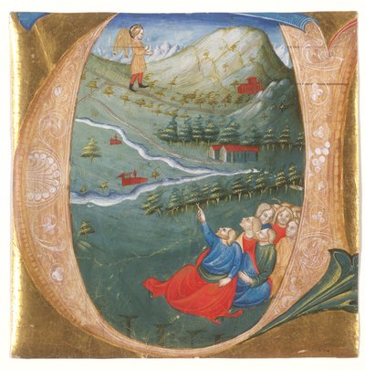 Geïllustreerde initiaal met Elisa in de mantel van Elia (detail) door Italian School