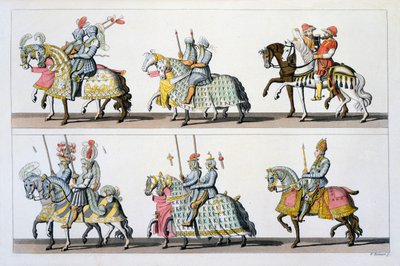 Heilige Roomse Rijk: Deelnemers aan een toernooi in het kasteel van Luxemburg in de tijd van Maximiliaan I, uit Costumi dei Romani, Svizzeri.. ca. 1800-18 door Italian School