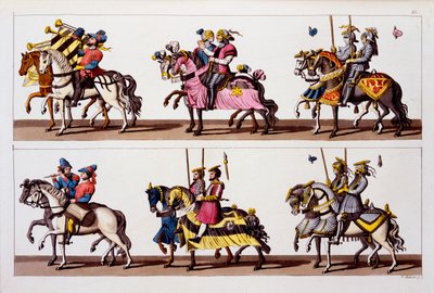 Heilige Roomse Rijk: Deelnemers aan een toernooi in het kasteel van Luxemburg in de tijd van Maximiliaan I, uit Costumi dei Romani, Svizzeri.. ca. 1800-18 door Italian School