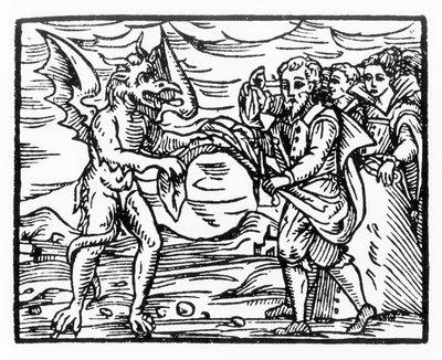 Hulde aan de duivel, kopie van een illustratie uit Compendium Maleficarum door Fr M Guaccius, Milaan 1608, gebruikt in History of Magic, gepubliceerd eind 19e eeuw door Italian School
