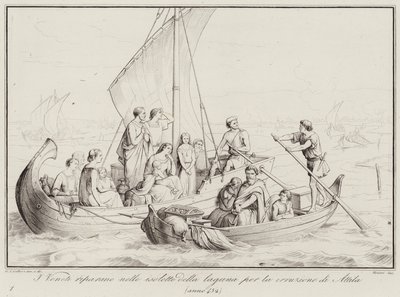 De Venetianen vluchten naar de eilandjes van de lagune voor de inval van Attila, 452 door Italian School